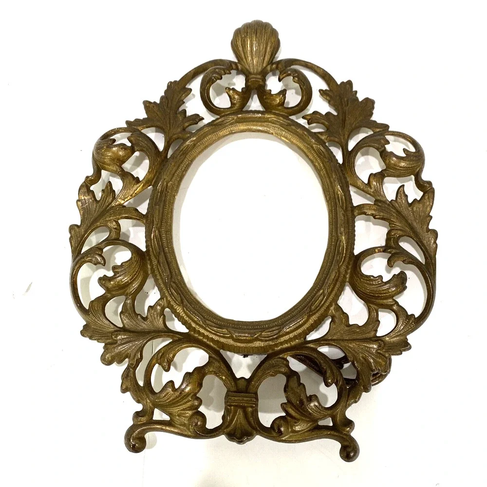 Vintage Cast Metal Frame Ornate Portrait Photo Holder Gold Victorian Oval FLAW